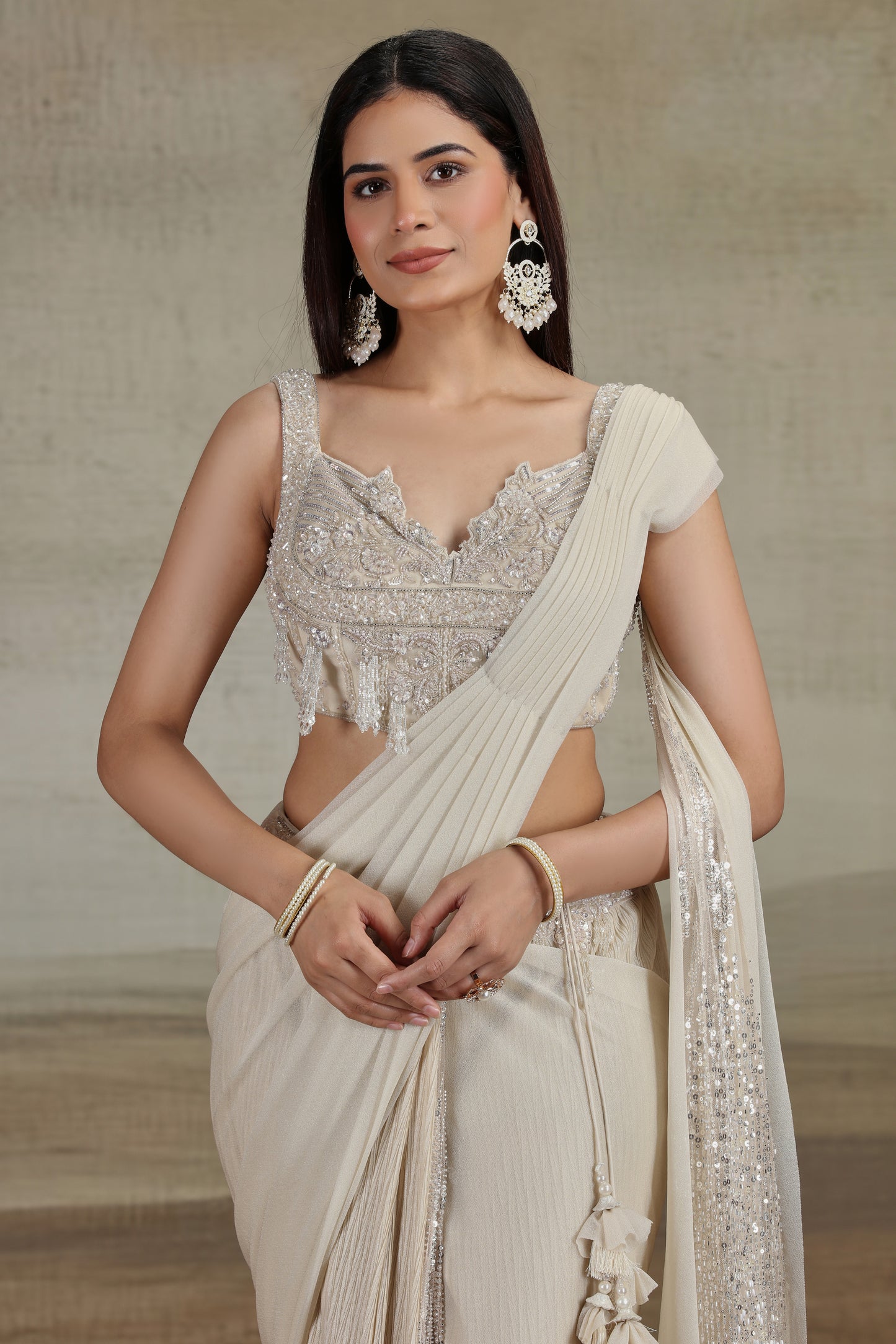 Beige Draped Saree with Embellished Blouse