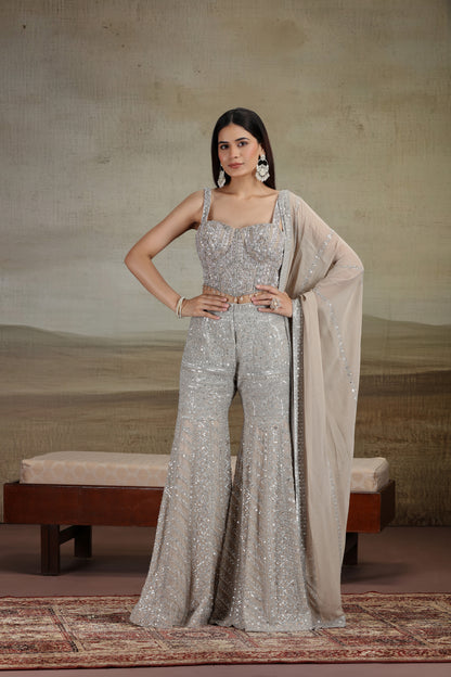 Beige Georgette Outfit with Sequins, Pearls & Stone Work