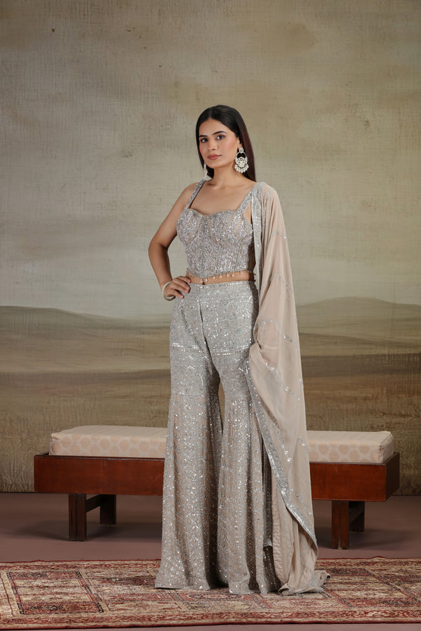 Beige Georgette Outfit with Sequins, Pearls & Stone Work