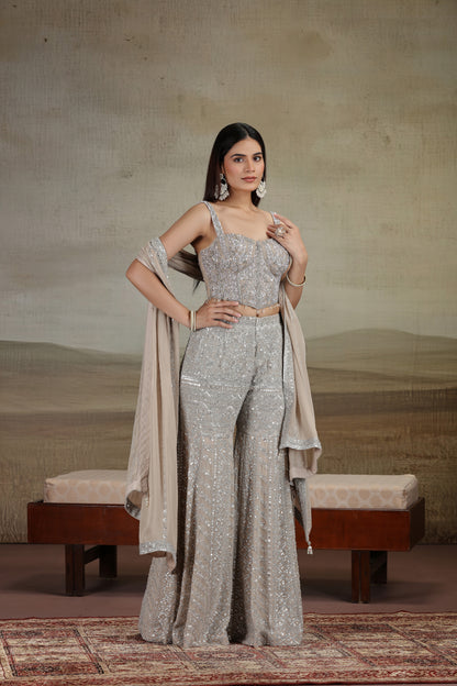 Beige Georgette Outfit with Sequins, Pearls & Stone Work