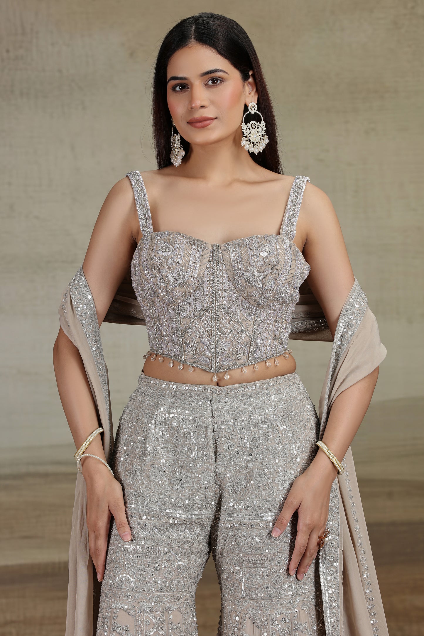 Beige Georgette Outfit with Sequins, Pearls & Stone Work