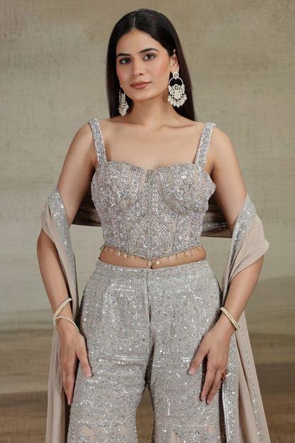 Beige Georgette Outfit with Sequins, Pearls & Stone Work