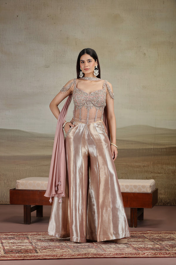 Peach Net & Organza Outfit with Zardosi & Zari Work