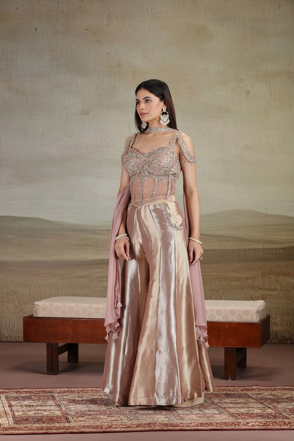 Peach Net & Organza Outfit with Zardosi & Zari Work