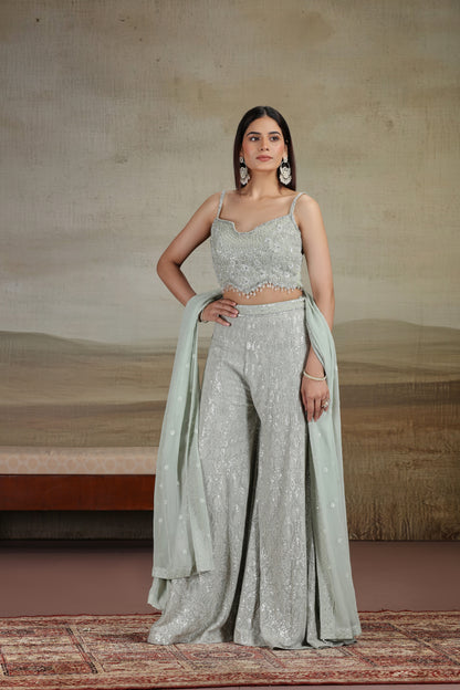 Sage Green Net & Georgette Outfit with Sequins & Stone Work