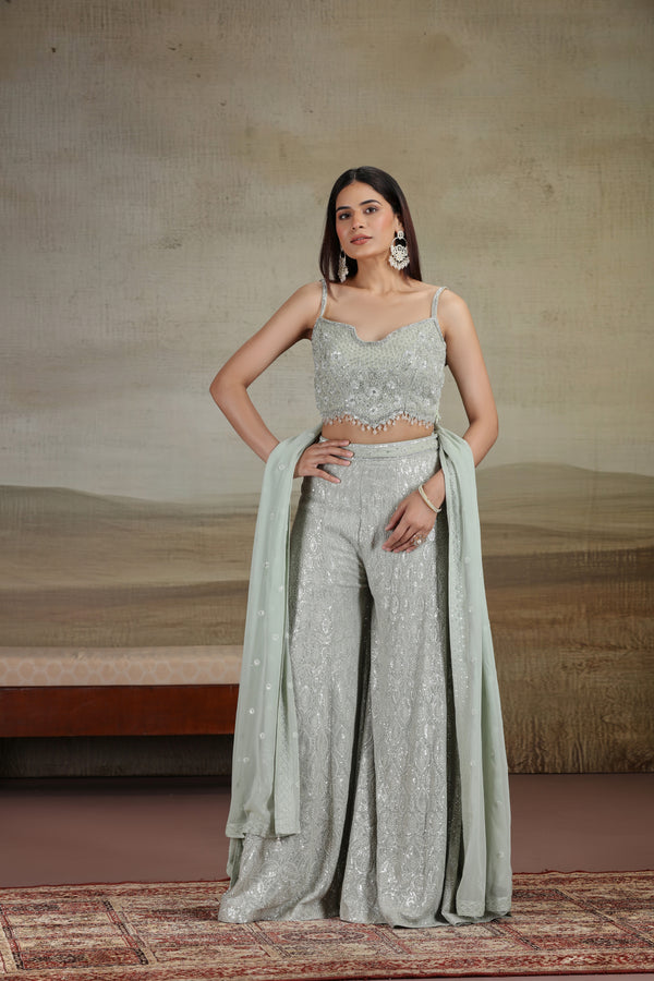 Sage Green Net & Georgette Outfit with Sequins & Stone Work