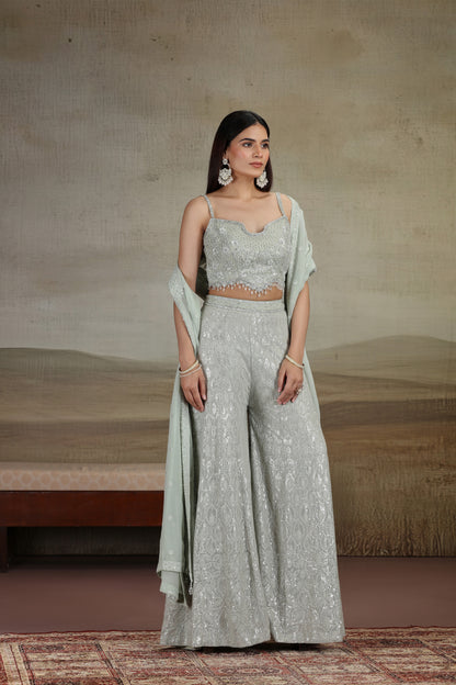 Sage Green Net & Georgette Outfit with Sequins & Stone Work