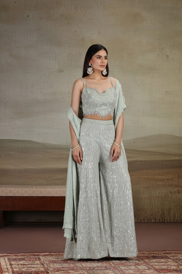 Sage Green Net & Georgette Outfit with Sequins & Stone Work