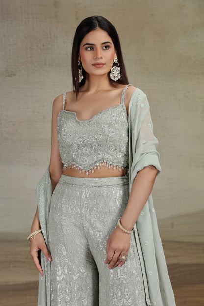 Sage Green Net & Georgette Outfit with Sequins & Stone Work