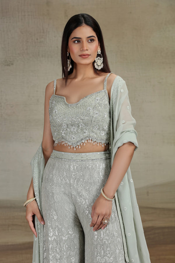 Sage Green Net & Georgette Outfit with Sequins & Stone Work