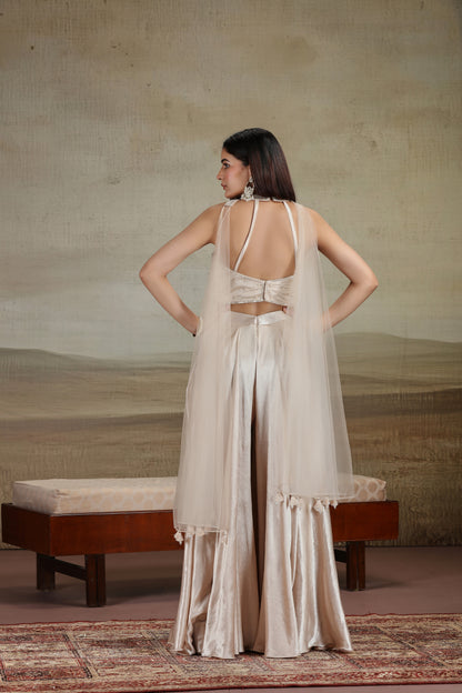 Beige Net & Satin Silk Outfit with Pearl Work