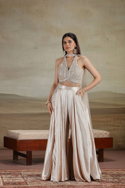 Beige Net & Satin Silk Outfit with Pearl Work