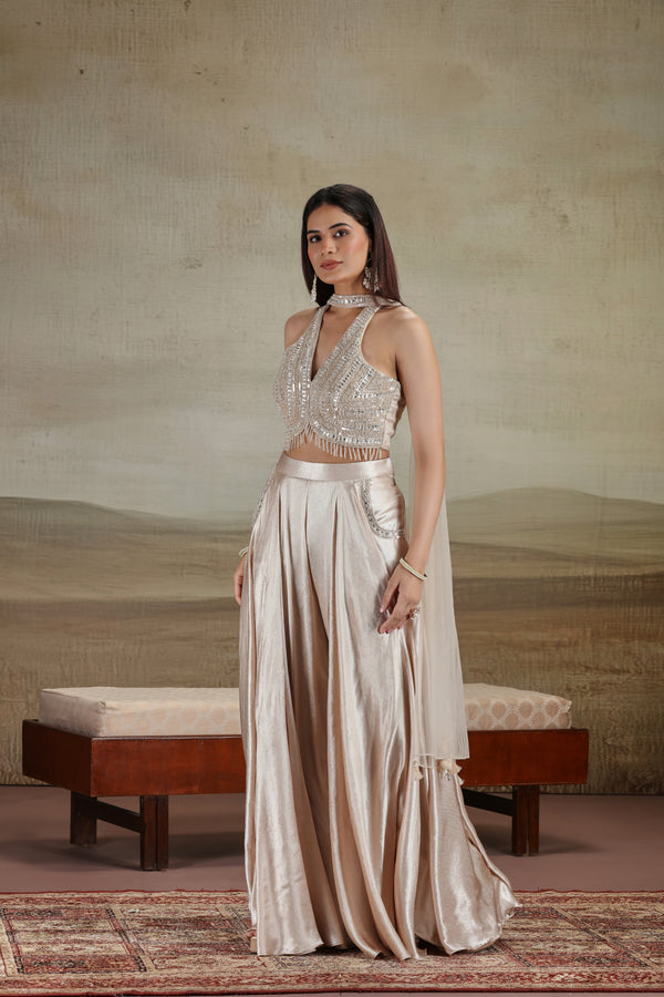 Beige Net & Satin Silk Outfit with Pearl Work