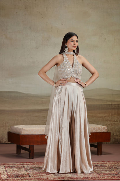 Beige Net & Satin Silk Outfit with Pearl Work