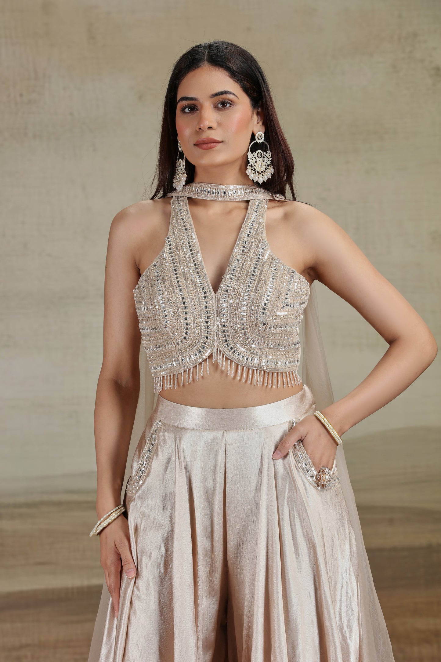 Beige Net & Satin Silk Outfit with Pearl Work