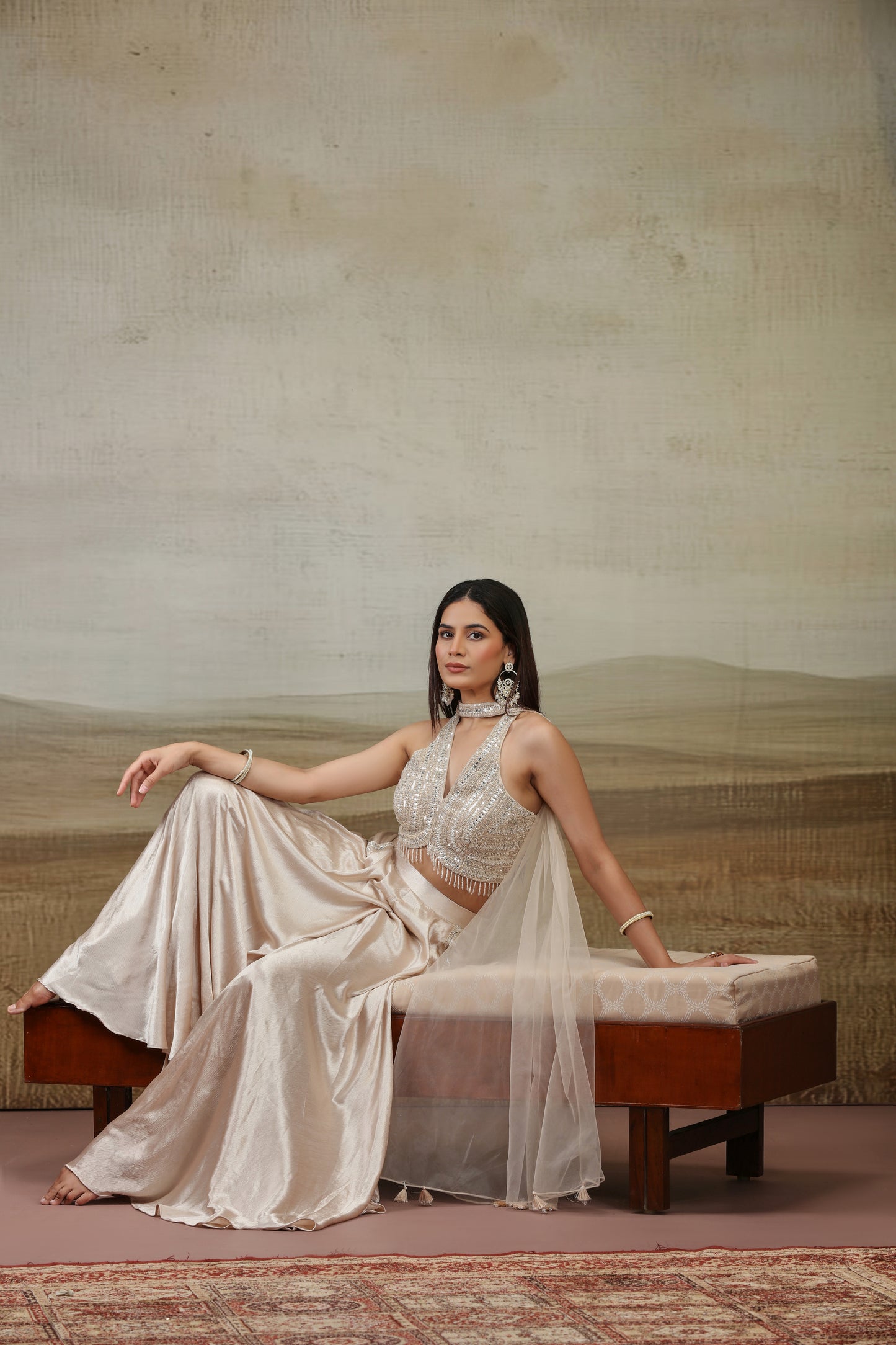 Beige Net & Satin Silk Outfit with Pearl Work