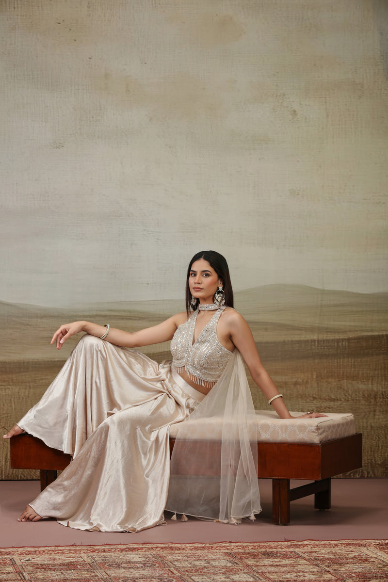 Beige Net & Satin Silk Outfit with Pearl Work