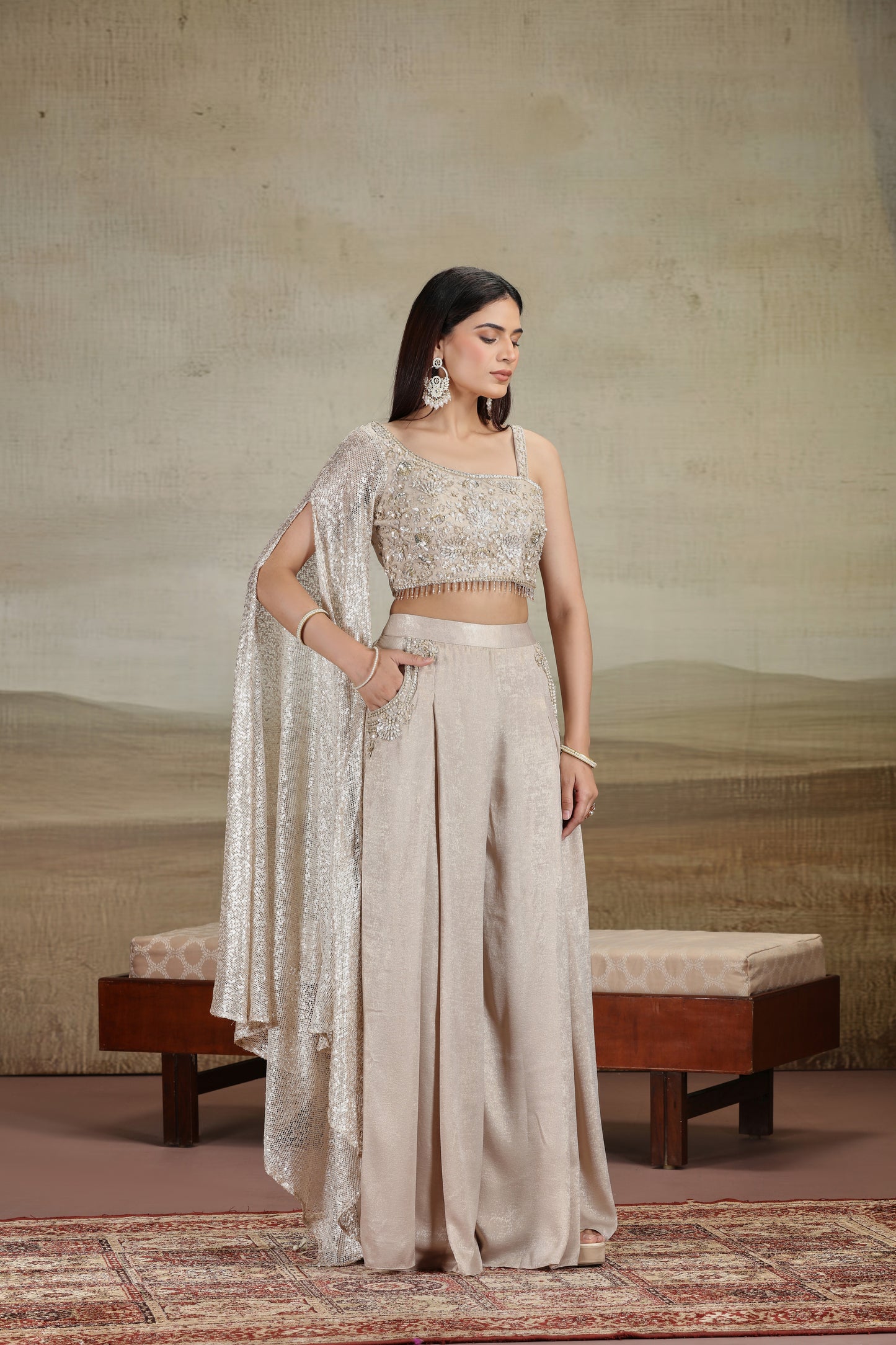 Gold Net & Velvet Outfit with Sequins & Stone Work