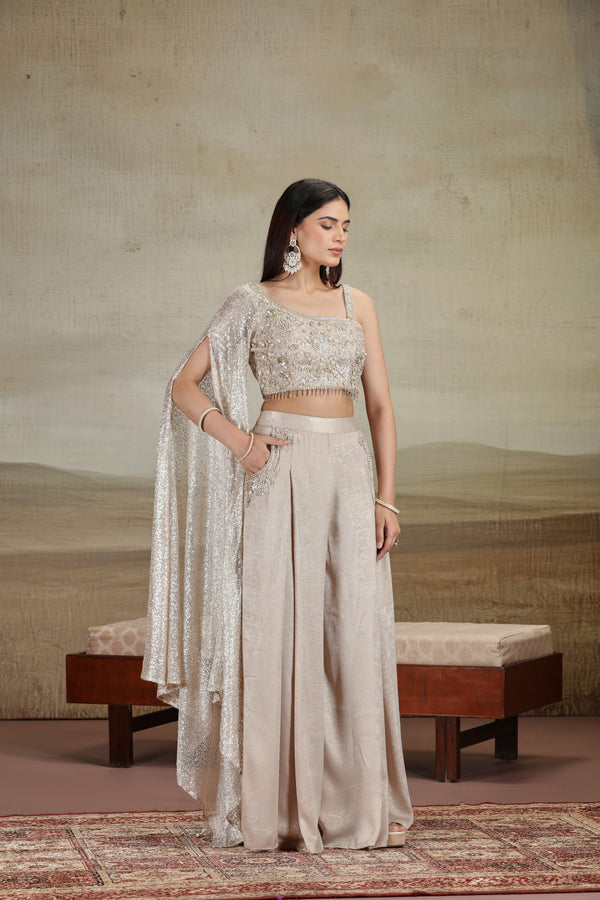 Gold Net & Velvet Outfit with Sequins & Stone Work