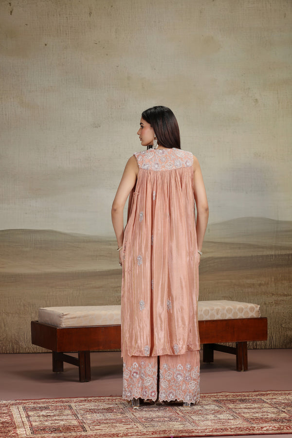 Peach Tissue Outfit with Moti, Thread & Pearl Work