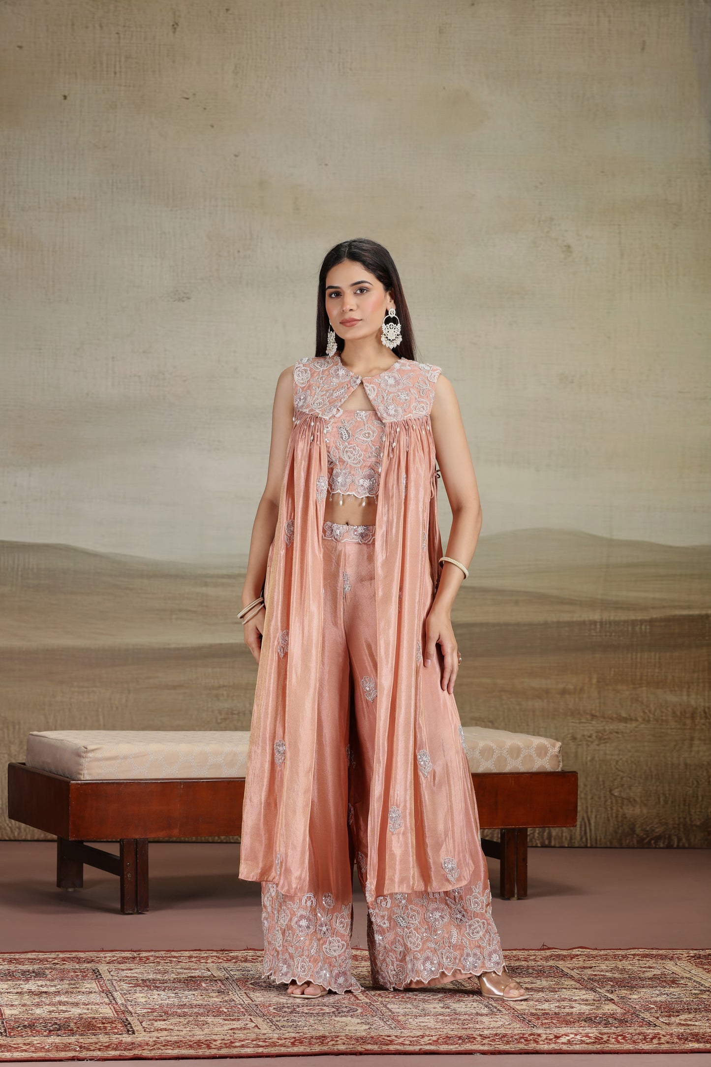 Peach Tissue Outfit with Moti, Thread & Pearl Work