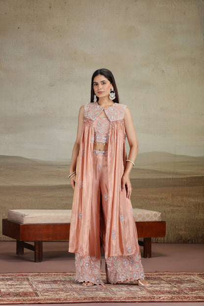 Peach Tissue Outfit with Moti, Thread & Pearl Work