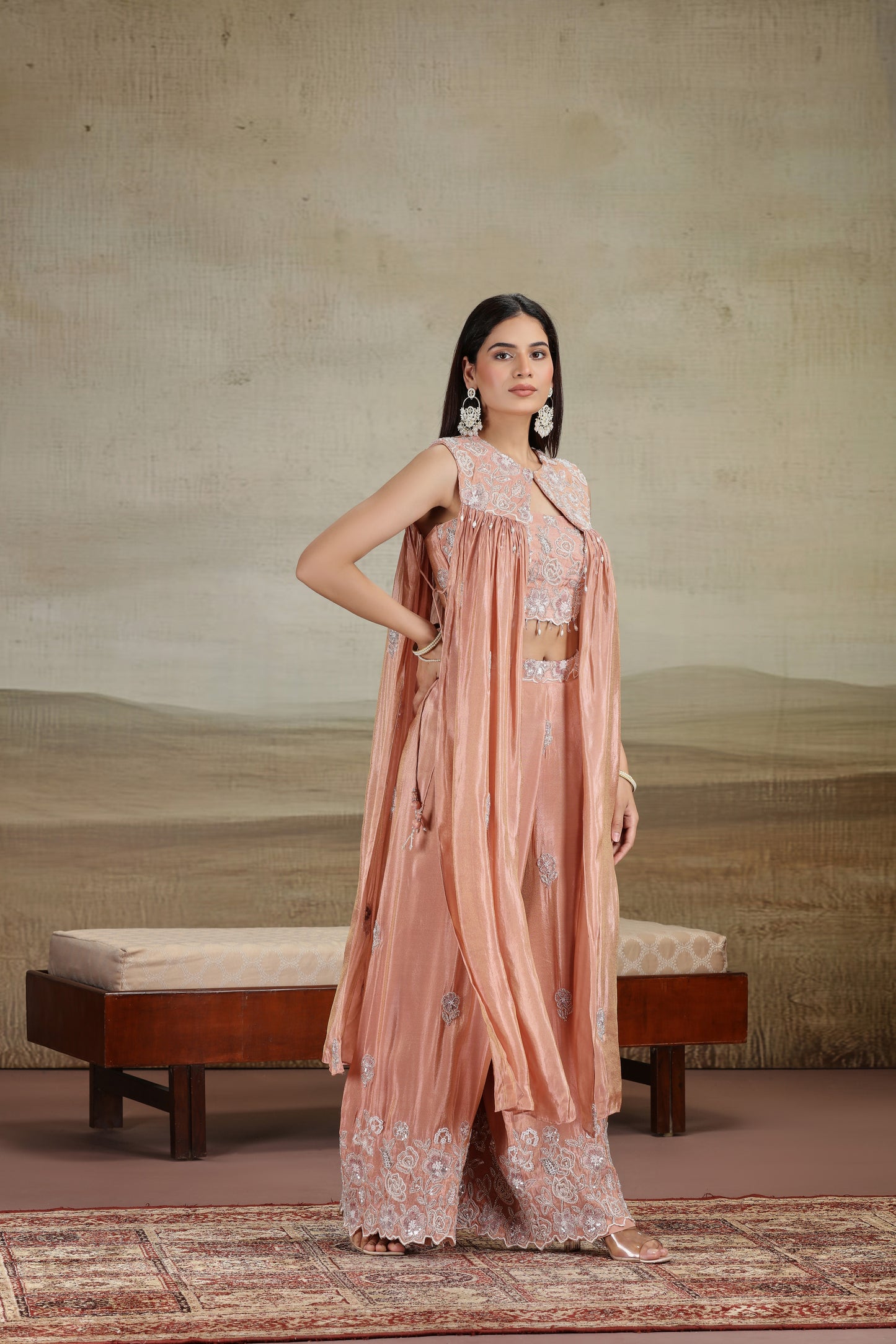 Peach Tissue Outfit with Moti, Thread & Pearl Work