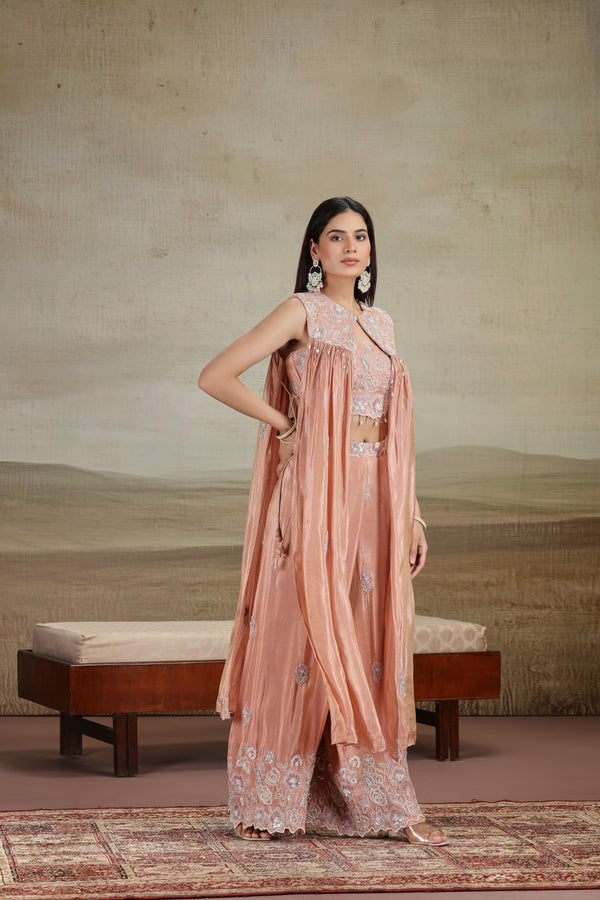 Peach Tissue Outfit with Moti, Thread & Pearl Work