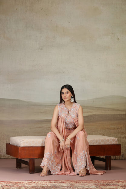 Peach Tissue Outfit with Moti, Thread & Pearl Work