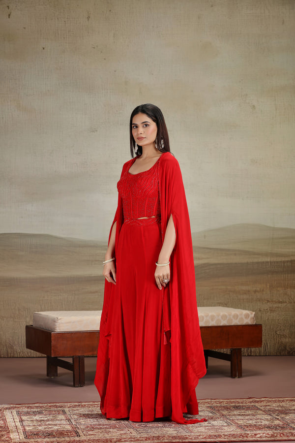 Red Chinnon Outfit with Cutdana & Pearl Work