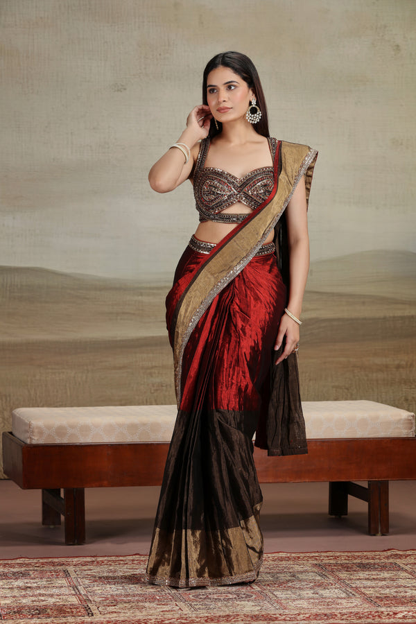 Rustic Red and Brown Embellished Saree with Contemporary Blouse