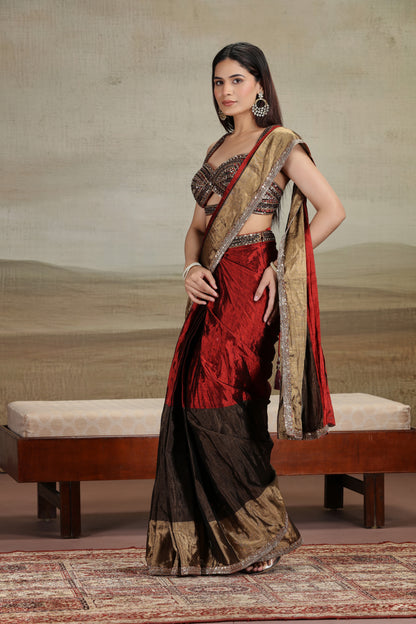 Rustic Red and Brown Embellished Saree with Contemporary Blouse