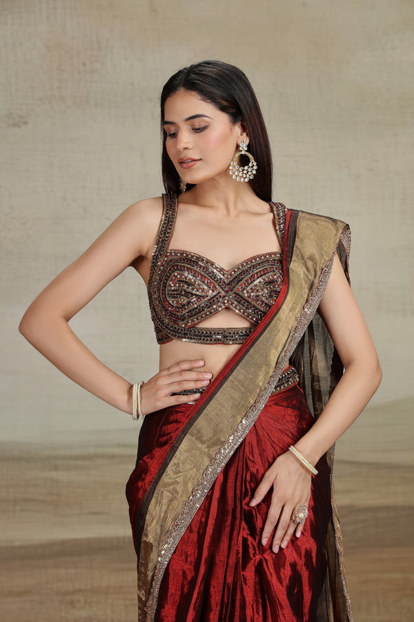 Rustic Red and Brown Embellished Saree with Contemporary Blouse