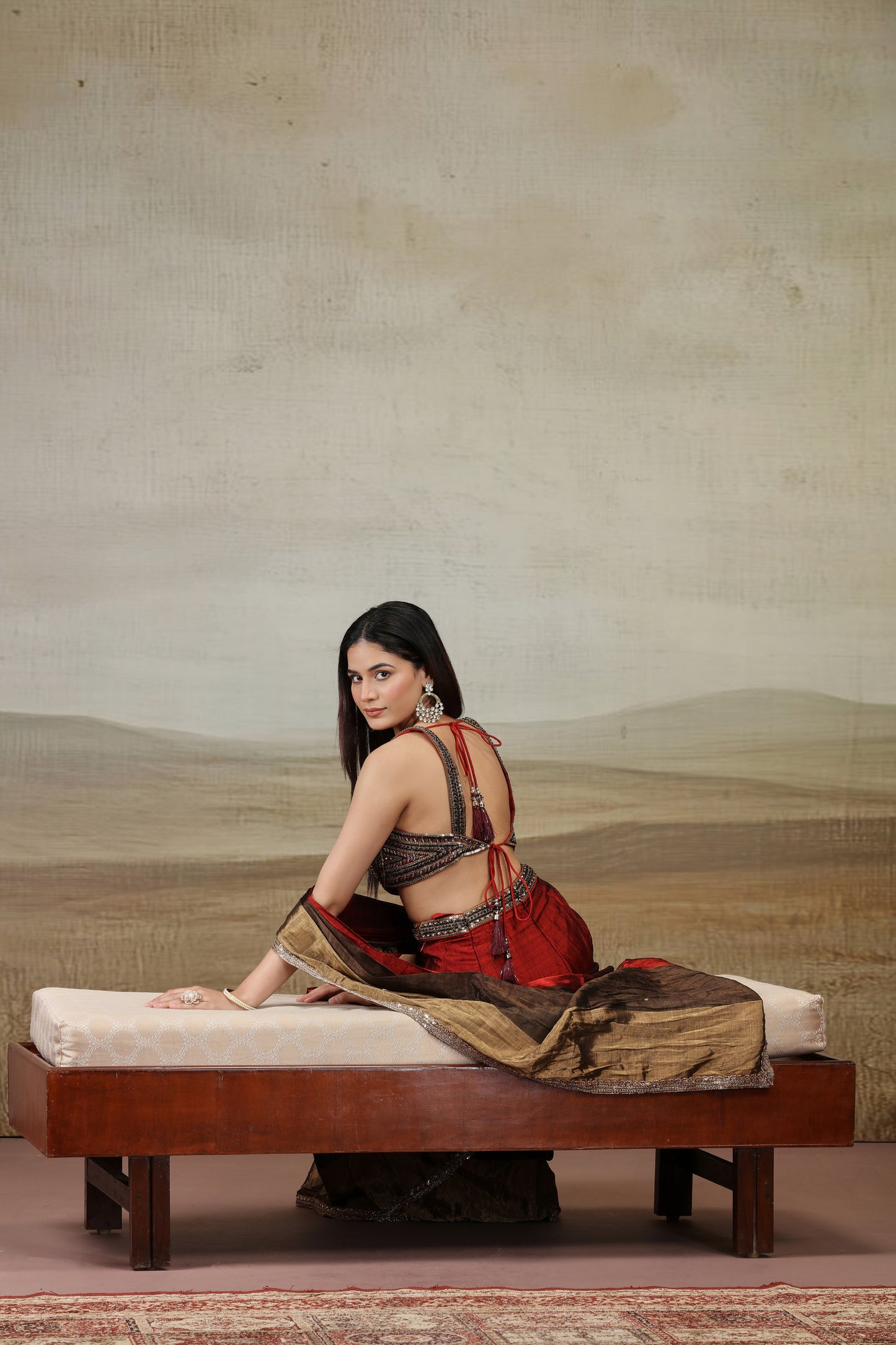 Rustic Red and Brown Embellished Saree with Contemporary Blouse