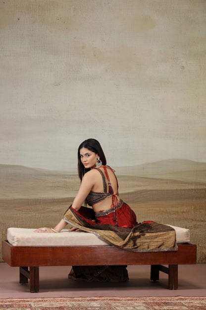 Rustic Red and Brown Embellished Saree with Contemporary Blouse