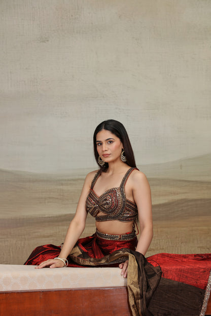 Rustic Red and Brown Embellished Saree with Contemporary Blouse