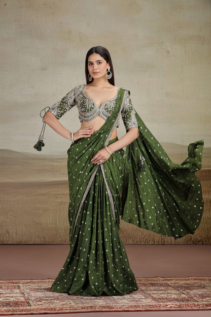 Emerald Green Saree with Traditional Embroidered Blouse
