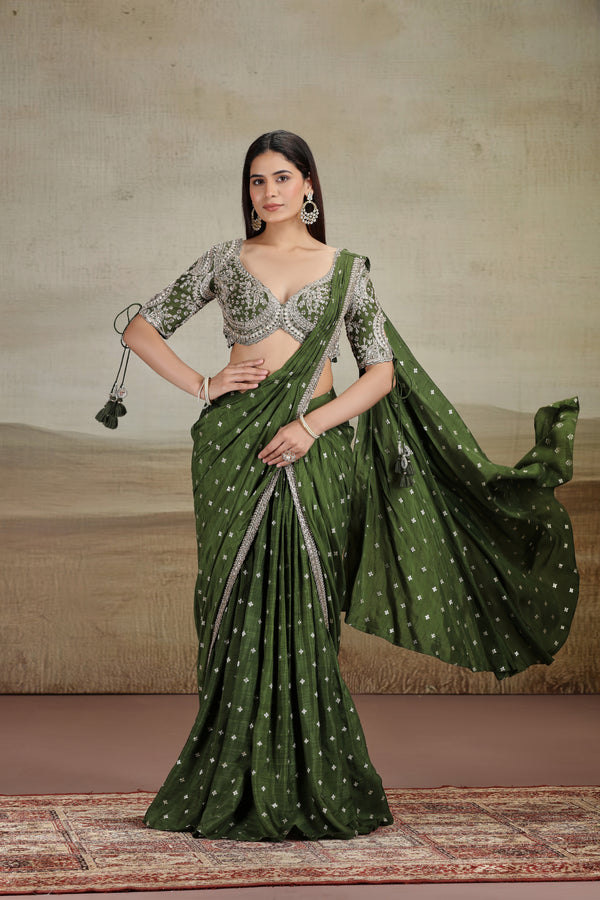 Emerald Green Saree with Traditional Embroidered Blouse