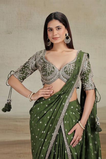 Emerald Green Saree with Traditional Embroidered Blouse