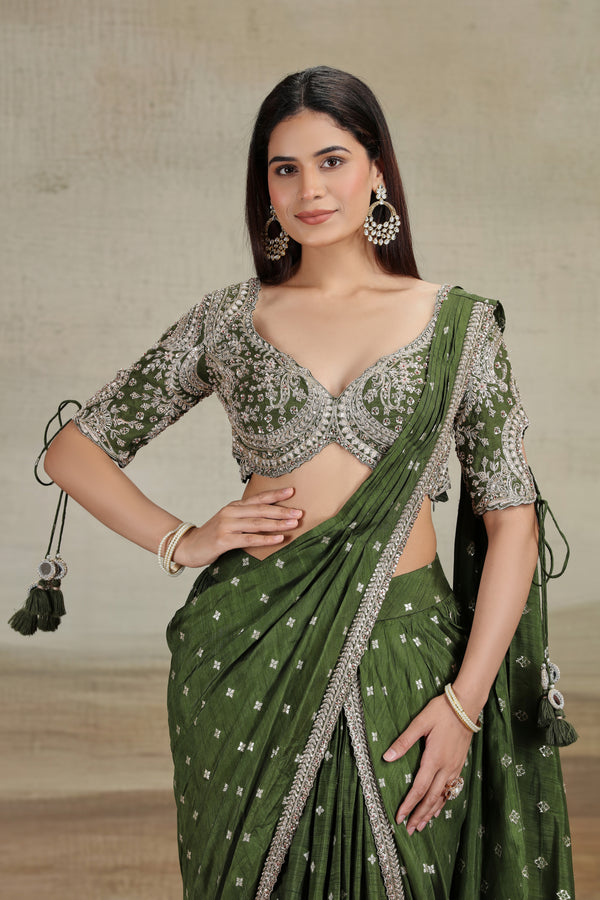 Emerald Green Saree with Traditional Embroidered Blouse