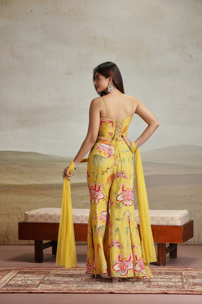 Yellow Organza & Net Outfit with Thread & Printed Work