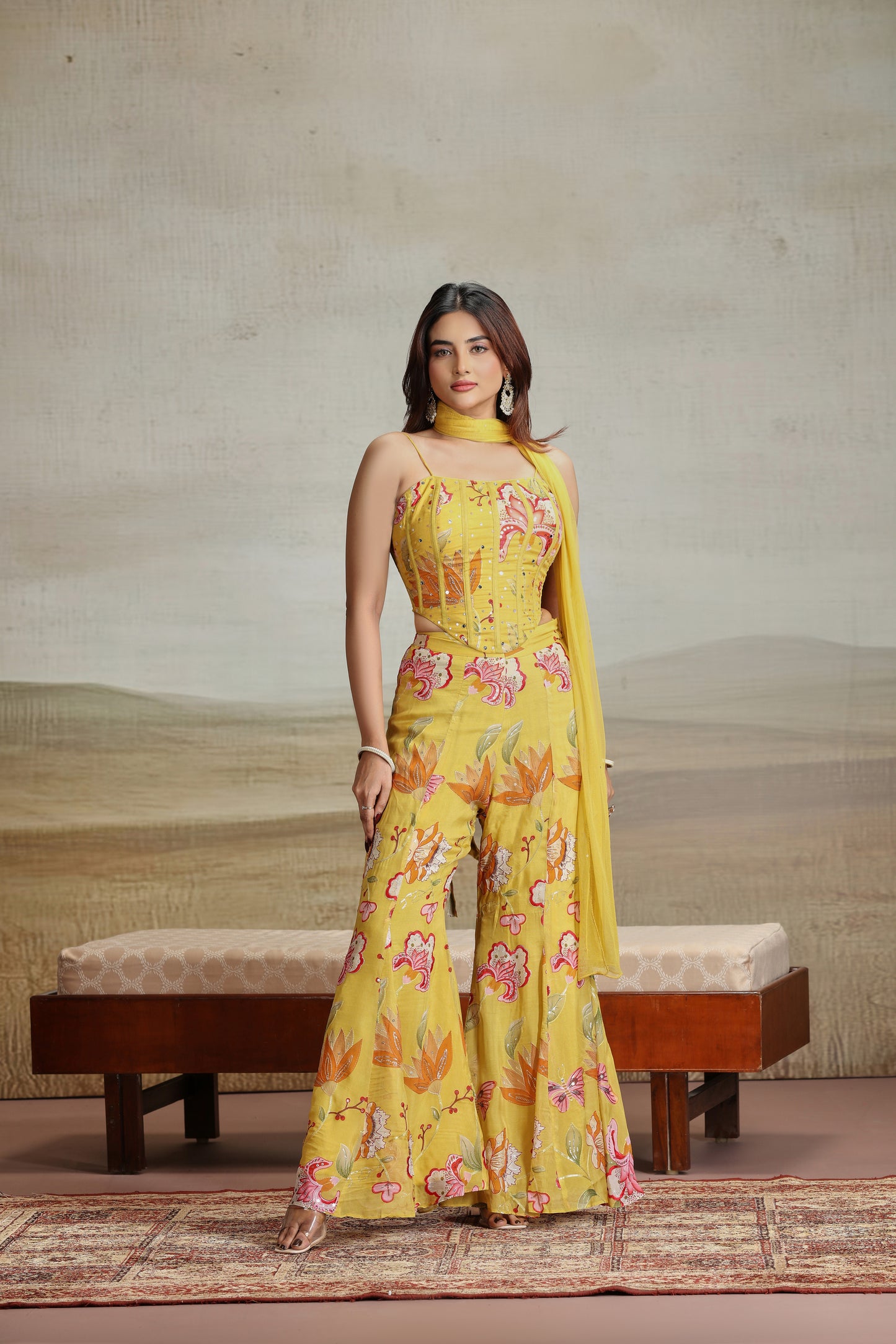 Yellow Organza & Net Outfit with Thread & Printed Work