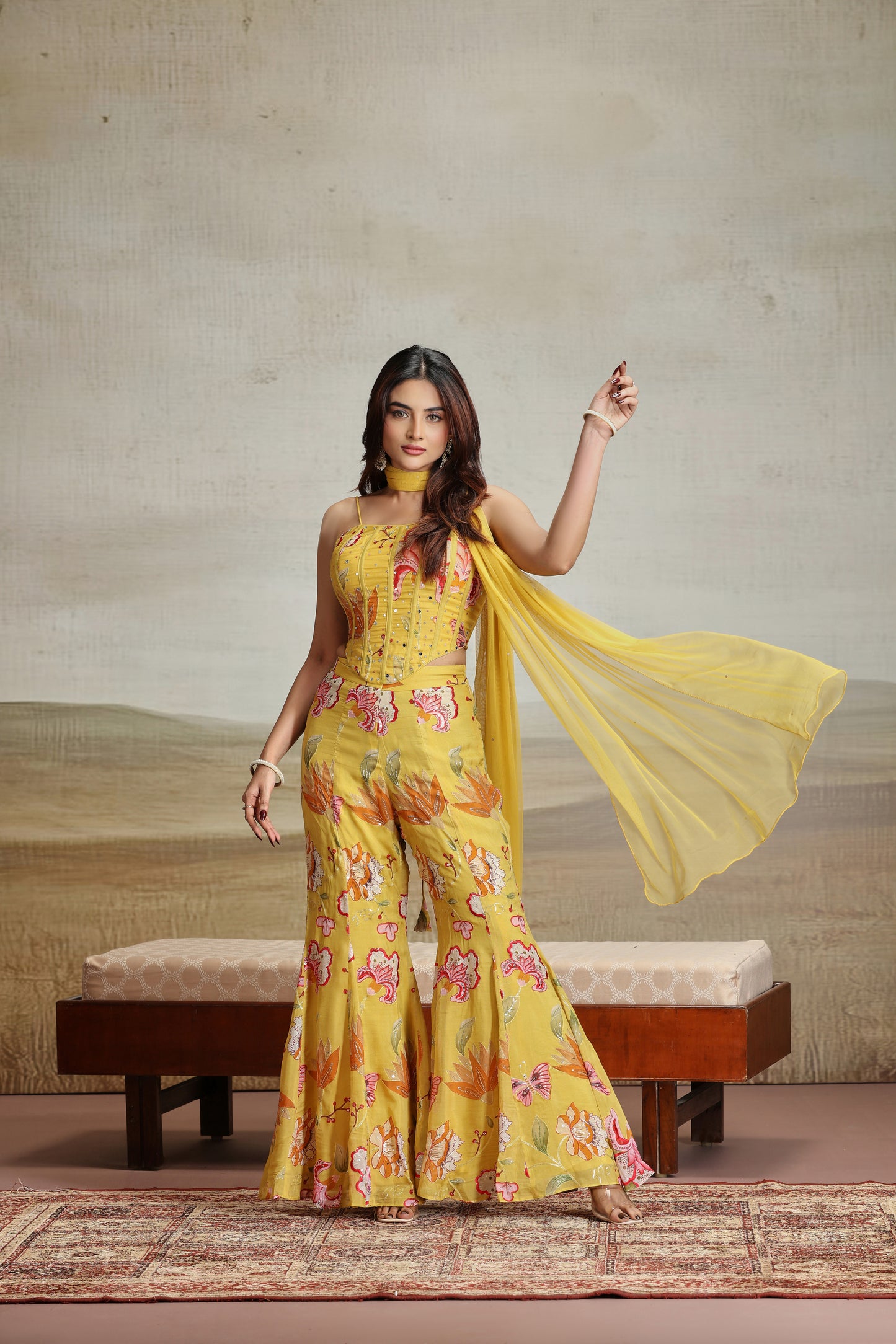 Yellow Organza & Net Outfit with Thread & Printed Work