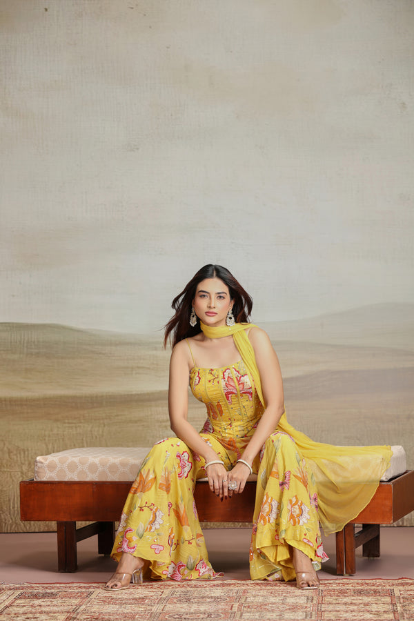 Yellow Organza & Net Outfit with Thread & Printed Work