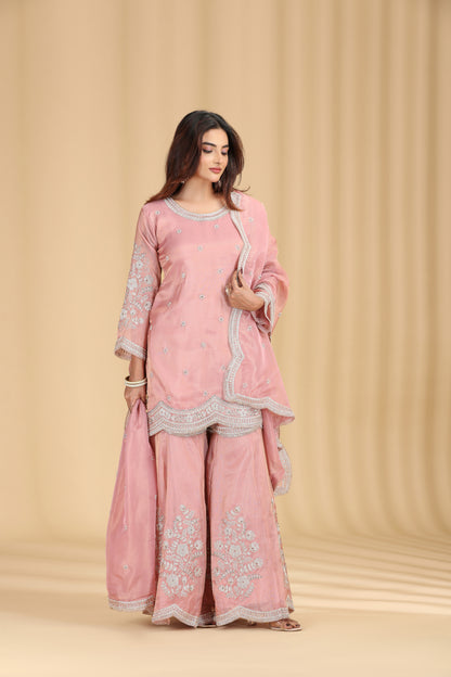 Rose Pink Tissue Organza Outfit with Pearl & Zari Work