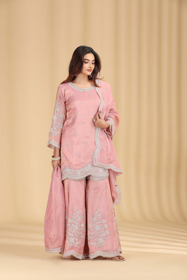 Rose Pink Tissue Organza Outfit with Pearl & Zari Work
