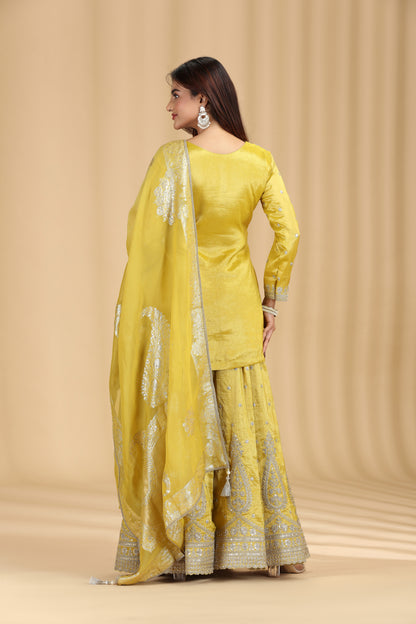 Gold Yellow Tissue Organza Suit Set with Sequins, Stone & Zari Work