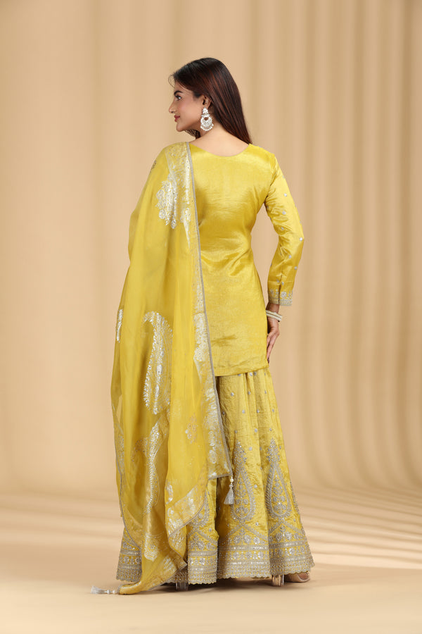 Gold Yellow Tissue Organza Suit Set with Sequins, Stone & Zari Work