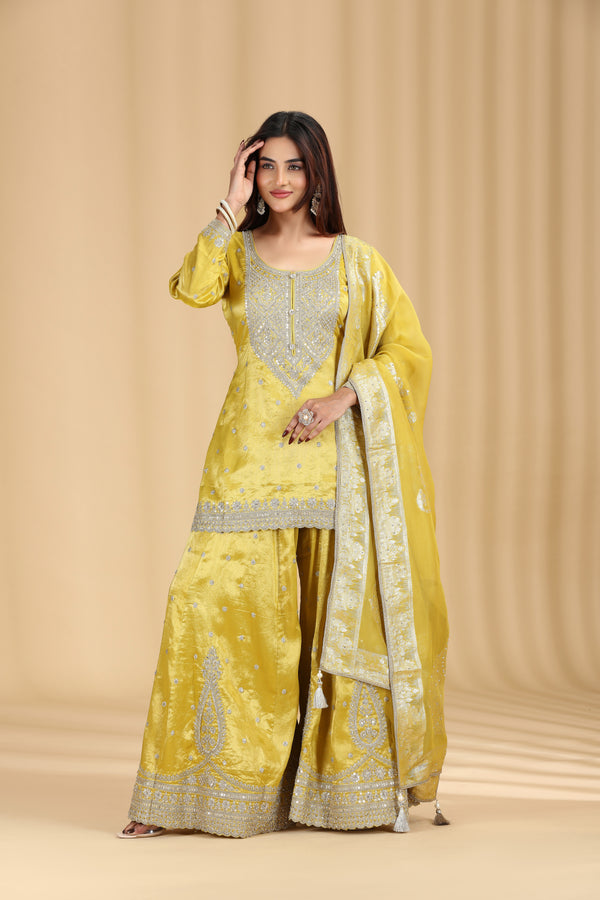 Gold Yellow Tissue Organza Suit Set with Sequins, Stone & Zari Work