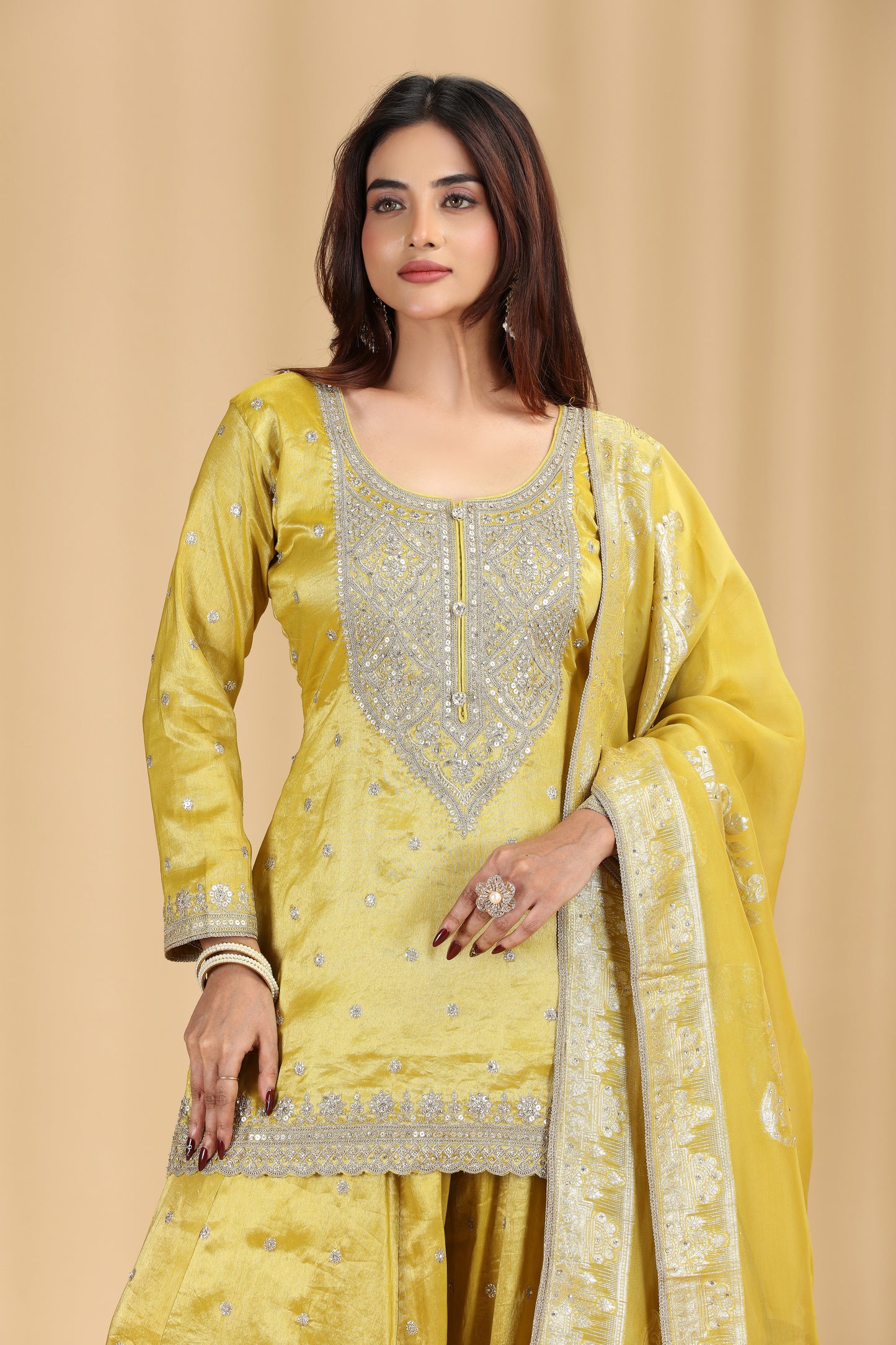 Gold Yellow Tissue Organza Suit Set with Sequins, Stone & Zari Work